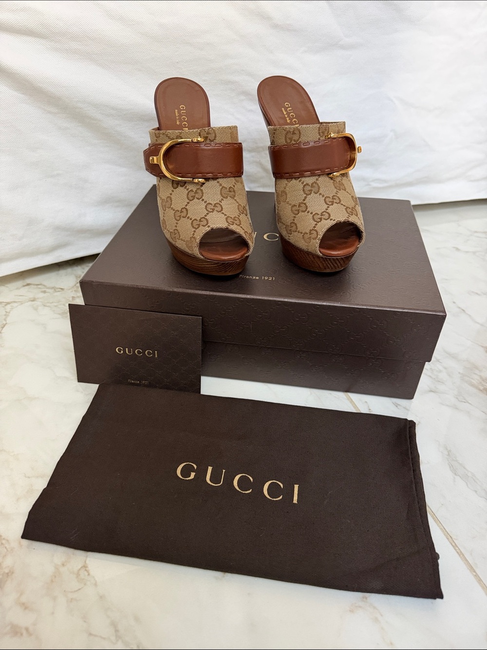 Gucci Brown Monogram Canvas Peep-Toe Platform Mules with Gold Buckle
